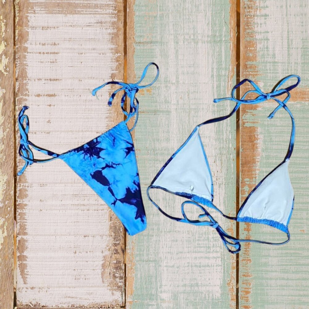 Blue Tie-Dye Triangle Bikini Set Size Small – Adjustable & Beach Ready - Picture 3 of 12